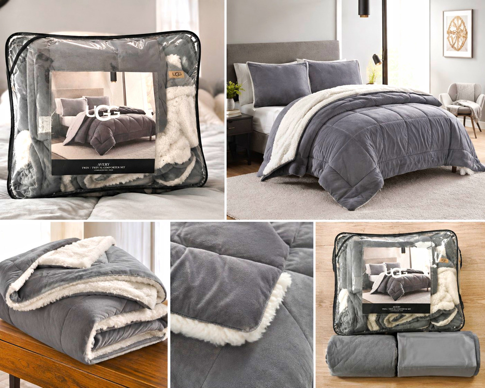 UGG Avery Twin/Twin XL Comforter Set Gray Sherpa Reversible 2 Piece Bedding
